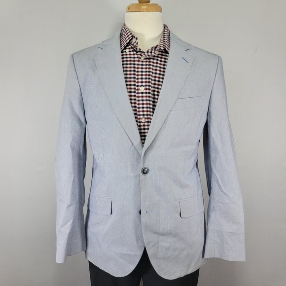 Tailorbyrd Collection Mens Sport Coat Blazer Two Button Blue Striped Stretch 40R
